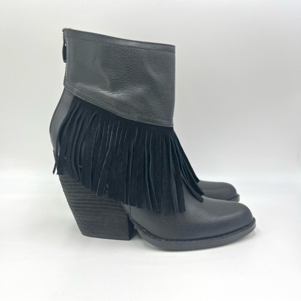 Very Volatile Womens Black Suede Fringed Boho Western Heeled Ankle Boots Size 8‎